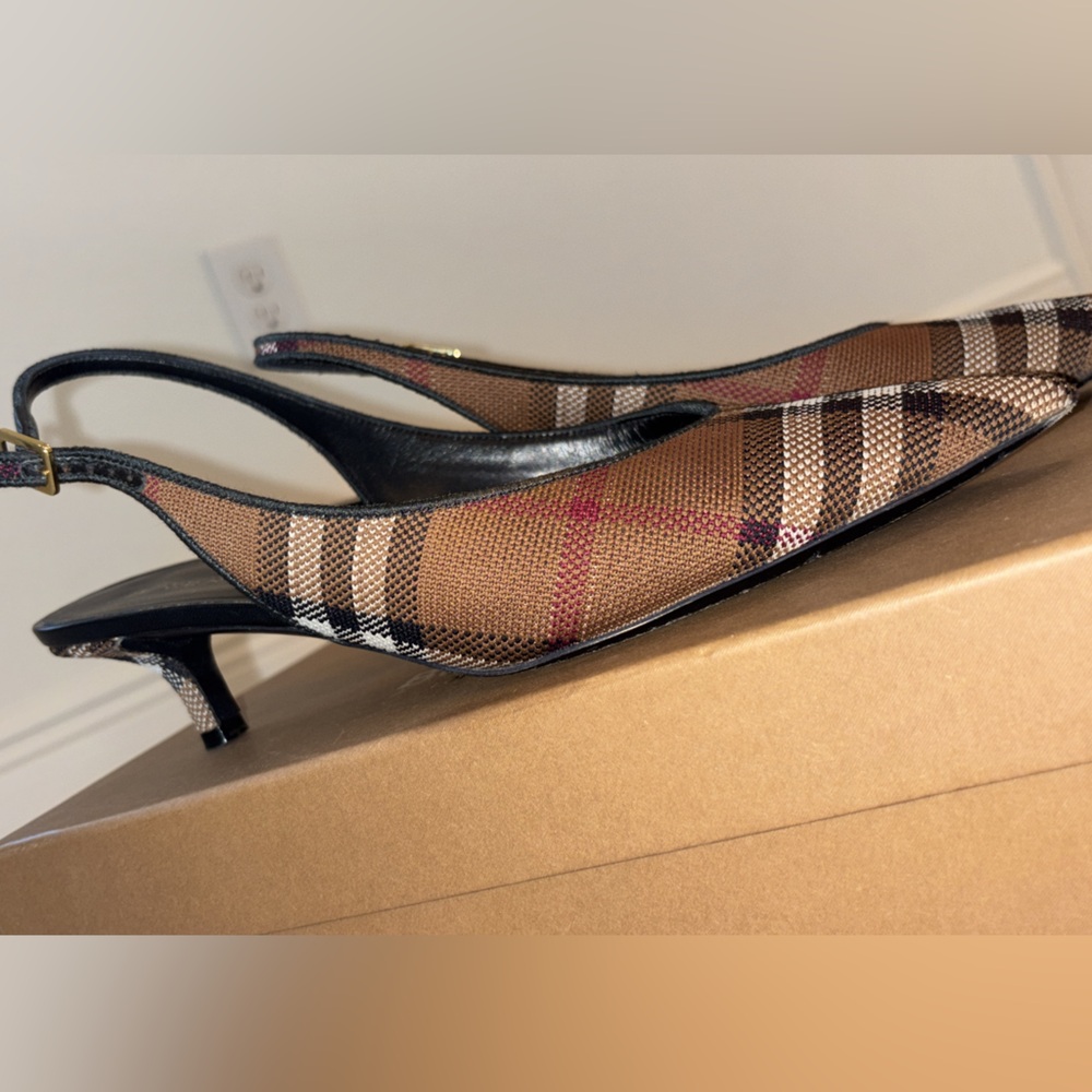 Burberry Tan and Black Plaid Slingback Heels